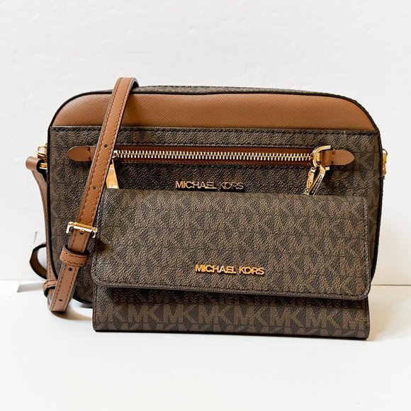 Michael Kors Jet Set Chain Crossbody Bag Trifold Wallet MK Brown